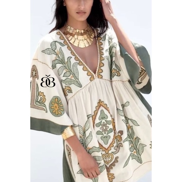 Beige & Green Boho Embroidered V Neck 3/4 Sleeve Babydoll Mini Dress - Picture 11 of 16